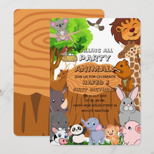 Invitation Appel modifiable à tous les animaux de fête Fille (Devant / Derrière)