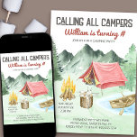 Invitation Appel Tous Campers Boys Anniversaire Camping Party<br><div class="desc">Invitation d'anniversaire pour les garçons de la Fête de Camping - parfait pour la fête d'anniversaire en plein air comme le camping, pique-nique d'anniversaire, la fête de randonnée, feu de joie et morve, etc. Le design comprend une scène de camping de montagne aquarelle avec camp au bord du lac, y...</div>