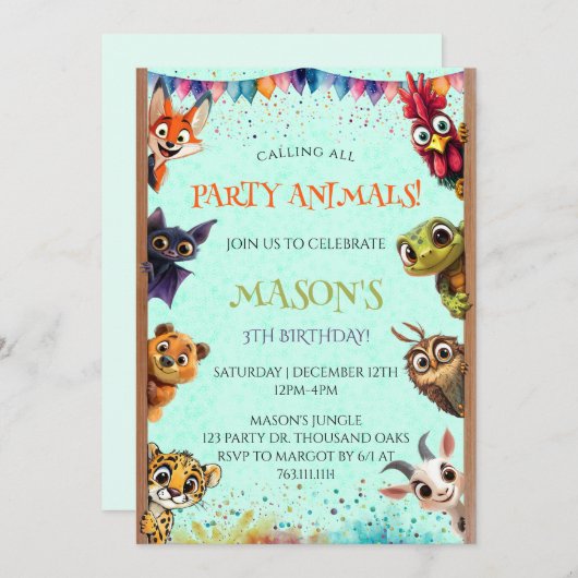 Invitation Appel Whimsical Tous les Animaux De Fête Anniversa (Devant / Derrière)