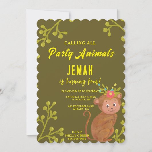Invitation Appeler Tous Les Animaux De Fête Mignonne Singe An (Devant)