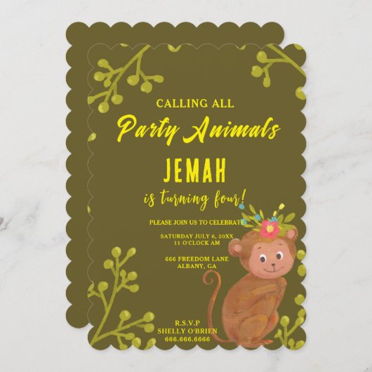 Invitation Appeler Tous Les Animaux De Fête Mignonne Singe An (Devant / Derrière)
