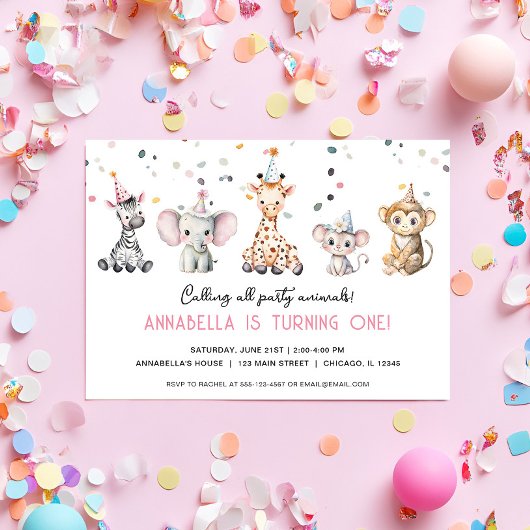 Invitation Appeler tous les animaux de fête simple fille anni