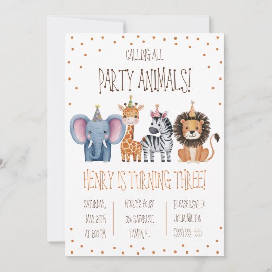 Invitation Appelle tous les animaux de fête ! Fête d'annivers (Devant)