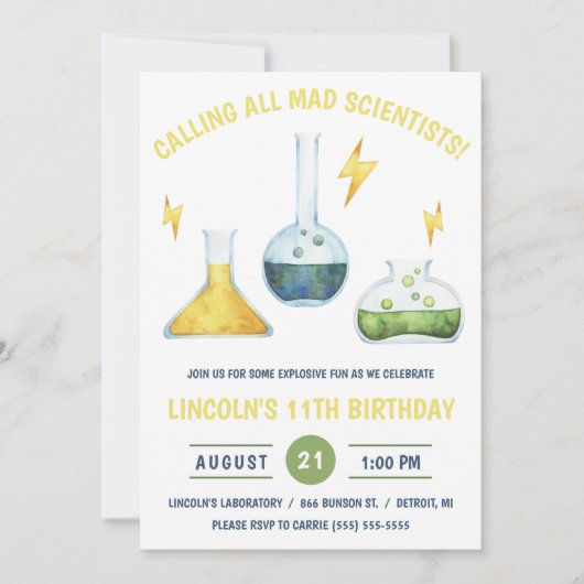 Invitation Appelle tous les scientifiques fous ! Fête d'anniv (Devant)