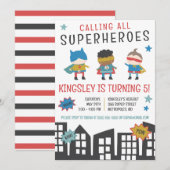 Invitation Appelle tous les super-héros ! Superhero fête d'an (Devant / Derrière)