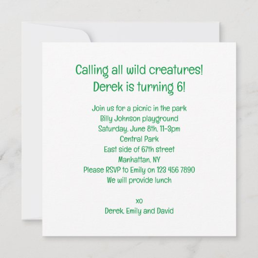 Invitation Appelle toutes les créatures sauvages ! Anniversai (Dos)