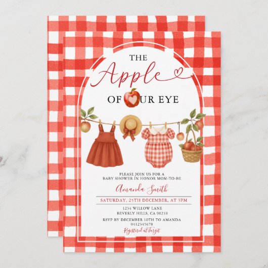 Invitation Apple Clothesline Fall Rustic En vichy Baby shower (Devant / Derrière)