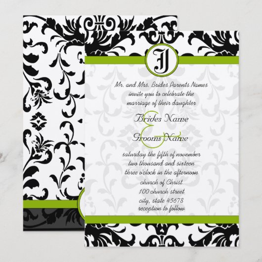 Invitation Apple Green & Black Mariage damassé (Devant / Derrière)
