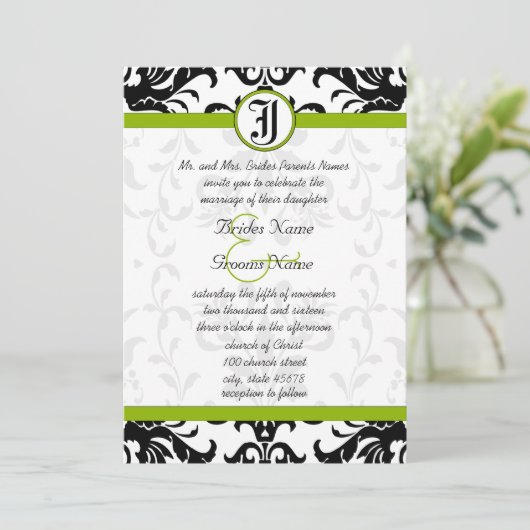 Invitation Apple Green & Black Mariage damassé (Debout devant)