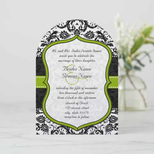 Invitation Apple Green Black Vintage Mariage damassé (Debout devant)