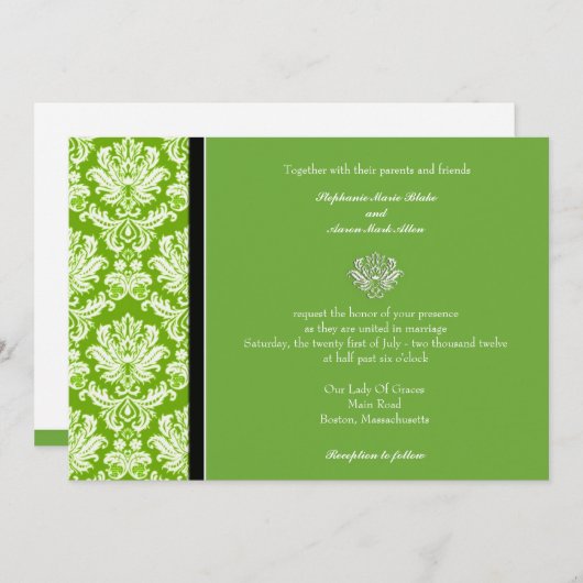 Invitation Apple Green Classic Mariage damassé (Devant / Derrière)