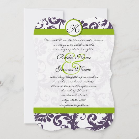 Invitation Apple Green Lapis Purple Mariage damassé Invitatio (Devant)
