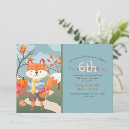 Invitation Apple Picking Fox Anniversaire (Debout devant)