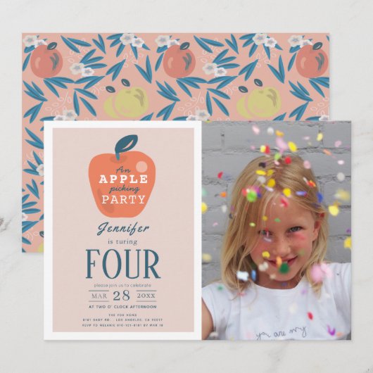 Invitation Apple Picking Girl rose Photo Anniversaire (Devant / Derrière)