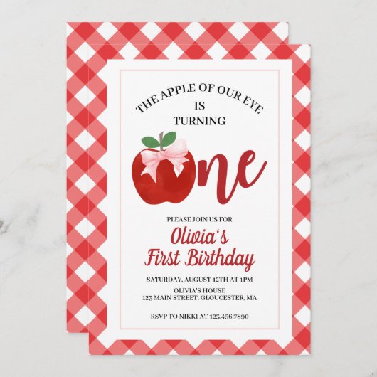 Invitation Apple Pink Bow preppy Coquette 1er anniversaire (Devant / Derrière)