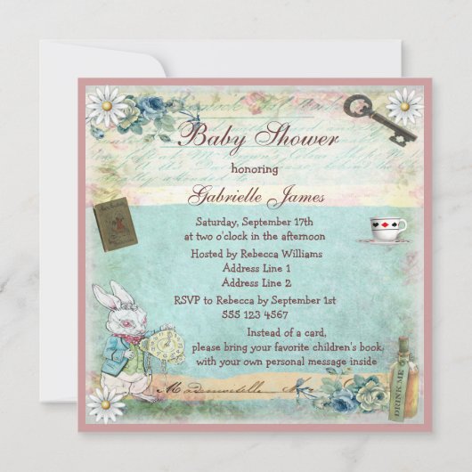 Invitation Apportez un livre Alice et le baby shower de chat (Dos)