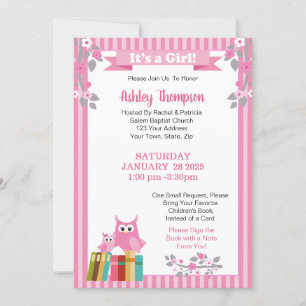 Invitation Apportez un livre Chouettes roses Baby shower flor