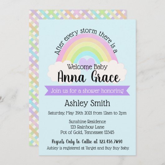 Invitation Après chaque tempête Il y a un Baby shower arc-en- (Devant / Derrière)