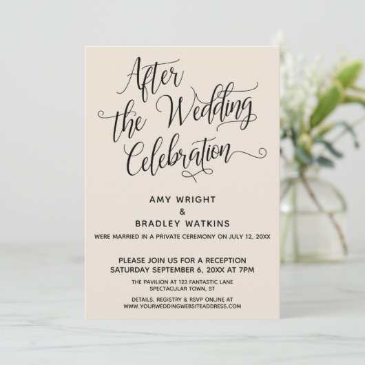 Invitation Après la fête du Mariage Elégant Script Cream (Debout devant)