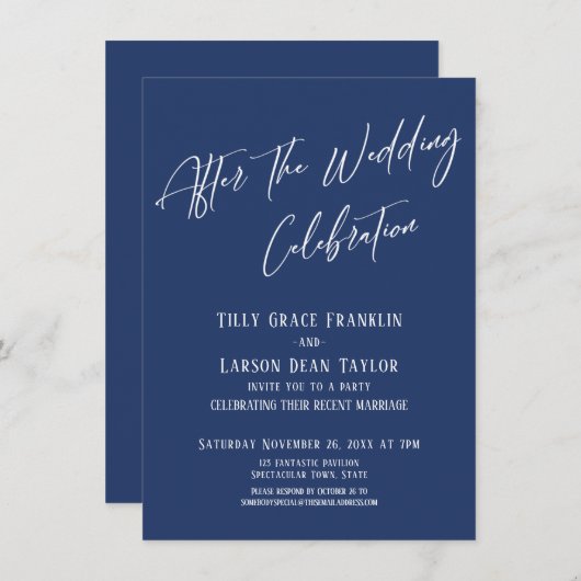 Invitation Après la fête Mariage Simple Elegant Navy (Devant / Derrière)