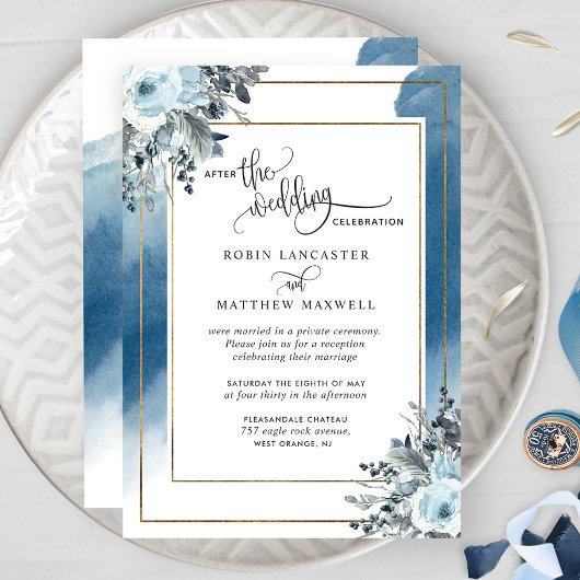 Invitation Après le Mariage, aquarelle bleue Floral