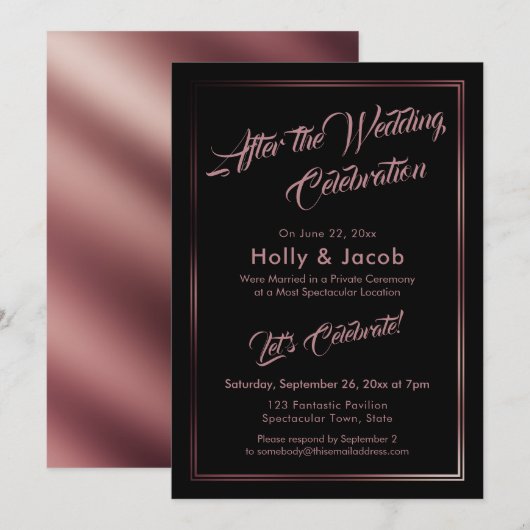 Invitation Après le Mariage Célébration Rose Gold sur Noir (Devant / Derrière)