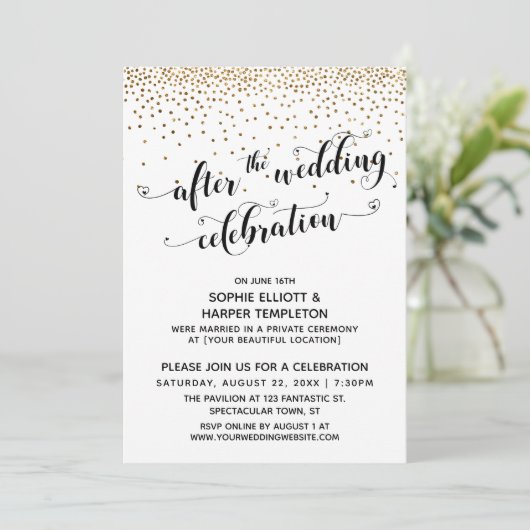 Invitation Après le Mariage Célébration Script Confettis Doré (Debout devant)