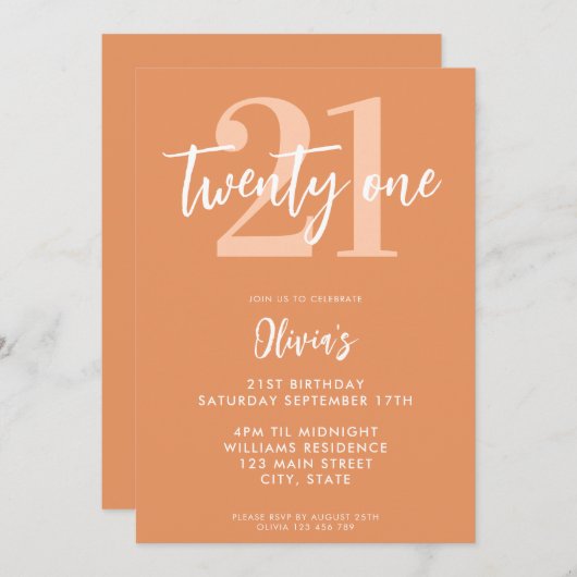 Invitation Apricot moderne élégant 21e anniversaire (Devant / Derrière)