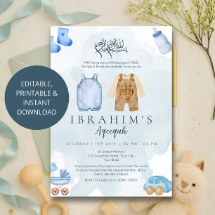 Invitation Aqeeqah pour bébé garçon à l'aquarelle