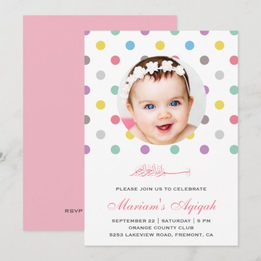 Invitation Aqiqah Bébé Fille à Points Colorés (Devant / Derrière)