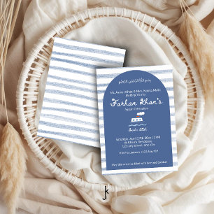 Invitation Aqiqah Bébé Garçon Rayure Bleue Marine Blanc