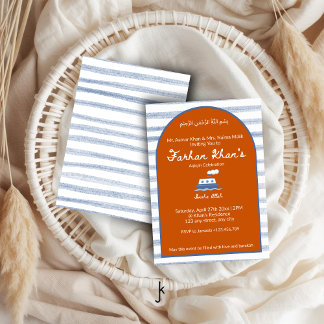 Invitation Aqiqah bébé garçon rayure côtière nautique orange
