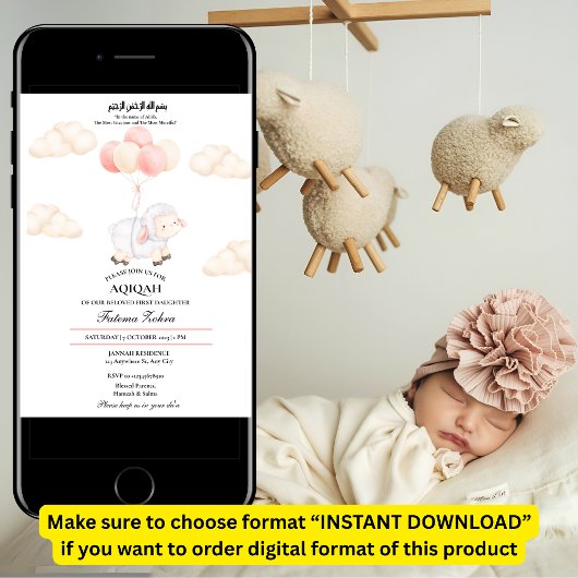 Invitation Aqiqah mignon mouton rose Balloon bébé fille musul