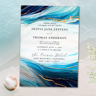 Invitation Aqua Abstrait moderne Gold Ocean Wave Beach Weddin
