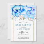 Invitation Aqua aquarelle fleurs baby shower garçon fleuri (Devant)