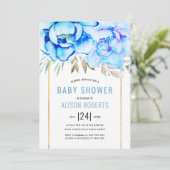 Invitation Aqua aquarelle fleurs baby shower garçon fleuri (Debout devant)