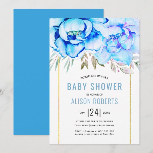 Invitation Aqua aquarelle fleurs baby shower garçon fleuri (Devant / Derrière)