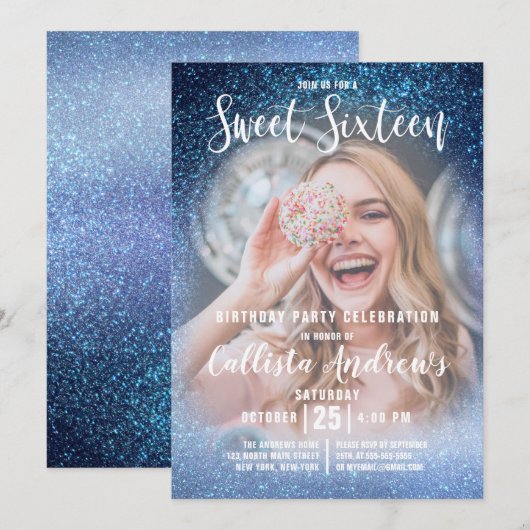 Invitation Aqua Baby Blue Triple Parties scintillant Ombre Ph (Devant / Derrière)