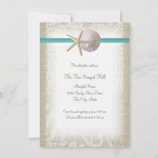 Invitation Aqua Beach Burlap and Lace Réception (Devant)