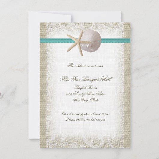 Invitation Aqua Beach Burlap and Lace Réception (Devant)
