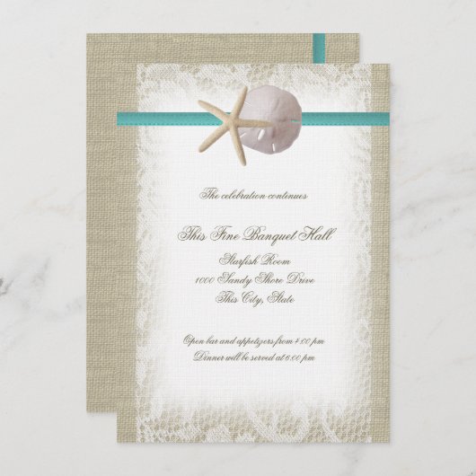 Invitation Aqua Beach Burlap and Lace Réception (Devant / Derrière)