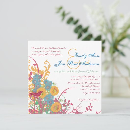 Invitation Aqua Beeswax Raspberry Wild Flower Mariage (Debout devant)