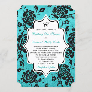 Invitation Aqua Black White Floral Mariage damassé
