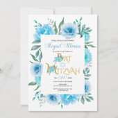 Invitation Aqua bleu aquarelle fleurs Bat mitzvah (Devant)