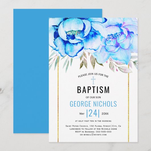 Invitation Aqua bleu aquarelle fleurs fleuris garçon floral B (Devant / Derrière)
