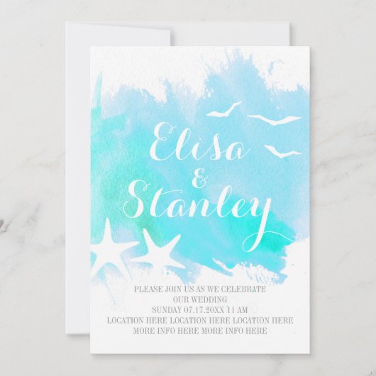 Invitation Aqua bleu aquarelle, mariage de plage d'étoiles de (Devant)