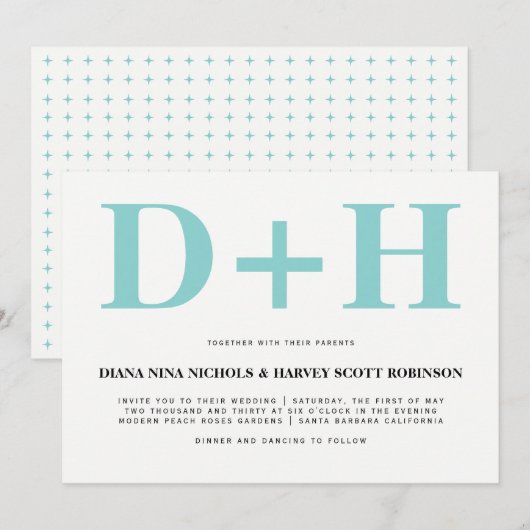 Invitation Aqua bleu, blanc initiales audacieuses typographie (Devant / Derrière)