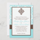 Invitation Aqua bleu, damassé blanche avec le ruban IMPRIMÉ (Dos)