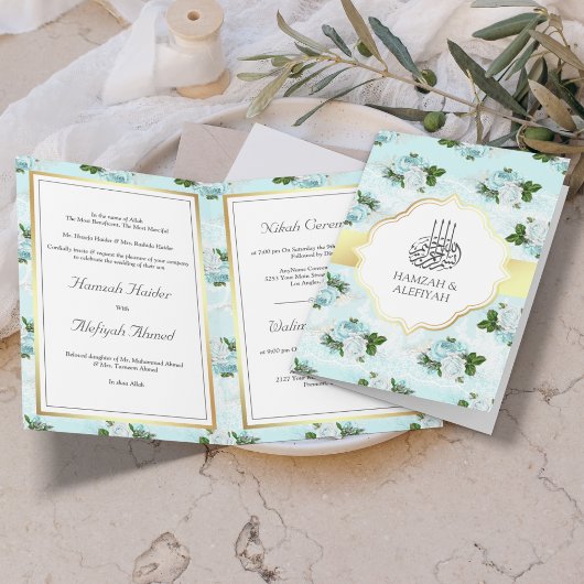 Invitation Aqua bleu et blanc Roses Floral Mariage musulman