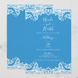 Invitation Aqua Bleu et Dentelle Blanche Élégant Mariage